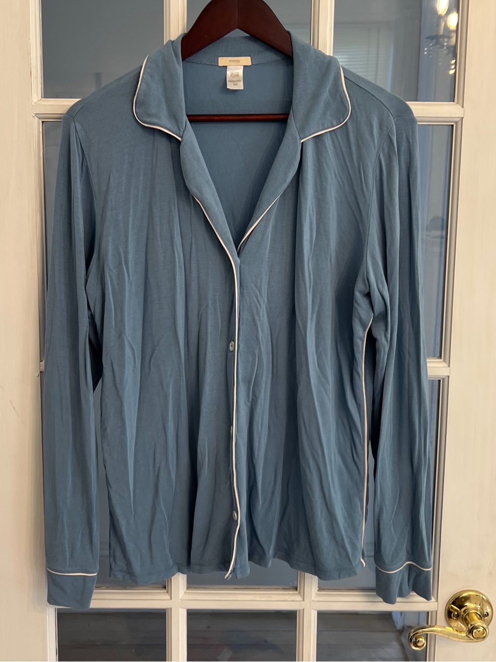 EBERJEY Women’s Blue Modal Pajama Top White Piping Long Sleeve Button Down Sz S